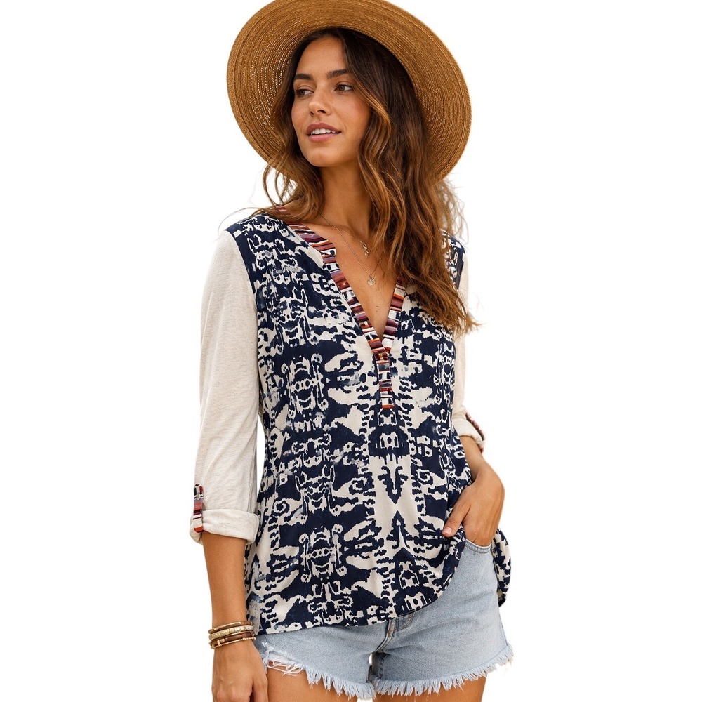 Orvis Mixed Print Boho Top Womens L Navy   Anthropologie Tiny Seen on TV Bones‎